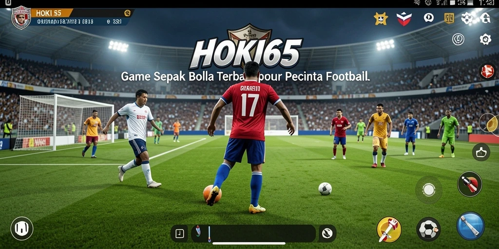 Tampilan gameplay menarik HOKI65 yang menggambarkan pertandingan sepak bola penuh aksi.