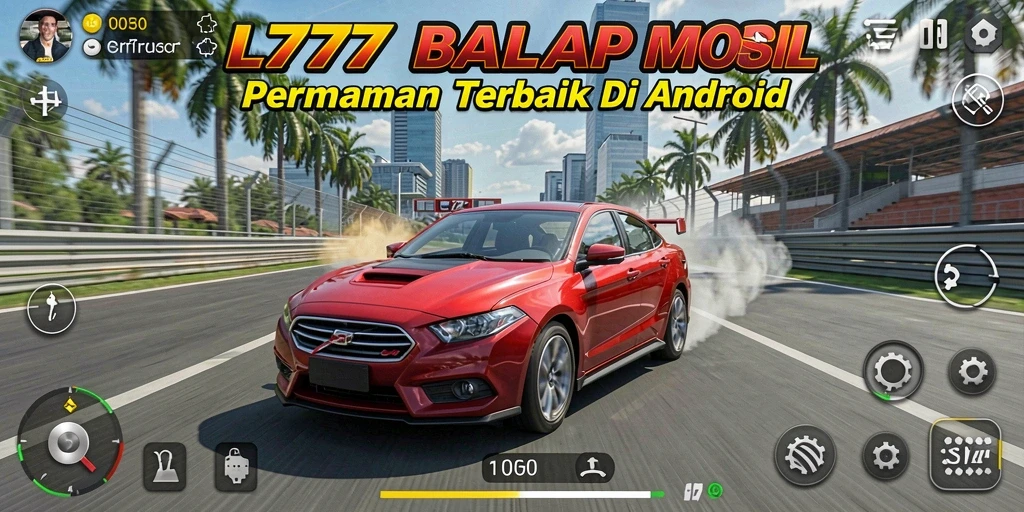 Tampilan gameplay balap L777 dengan mobil yang beraksi di lintasan.