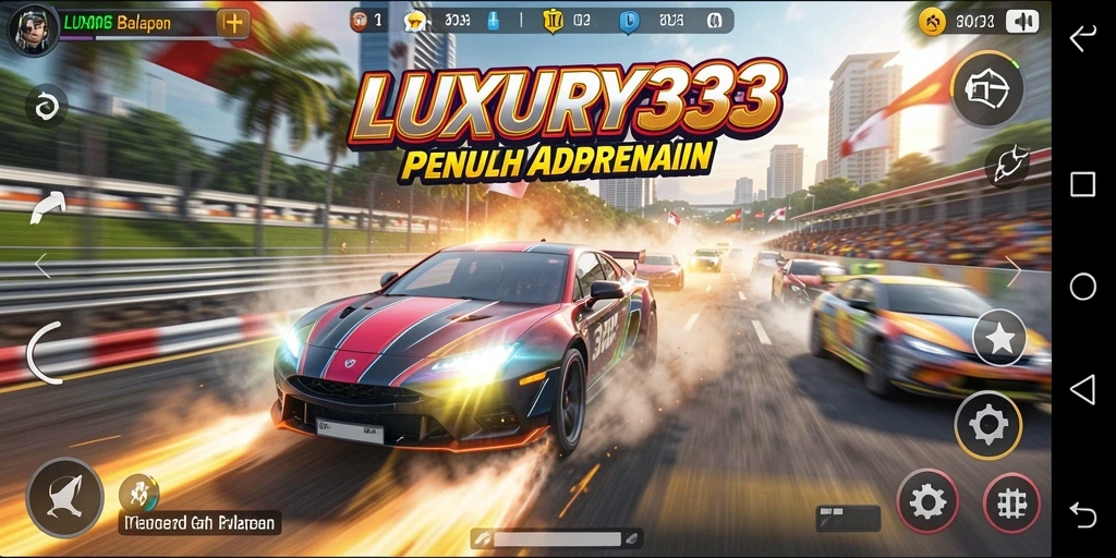 Screenshot gameplay LUXURY333 dengan mobil balap yang melaju kencang di trek.