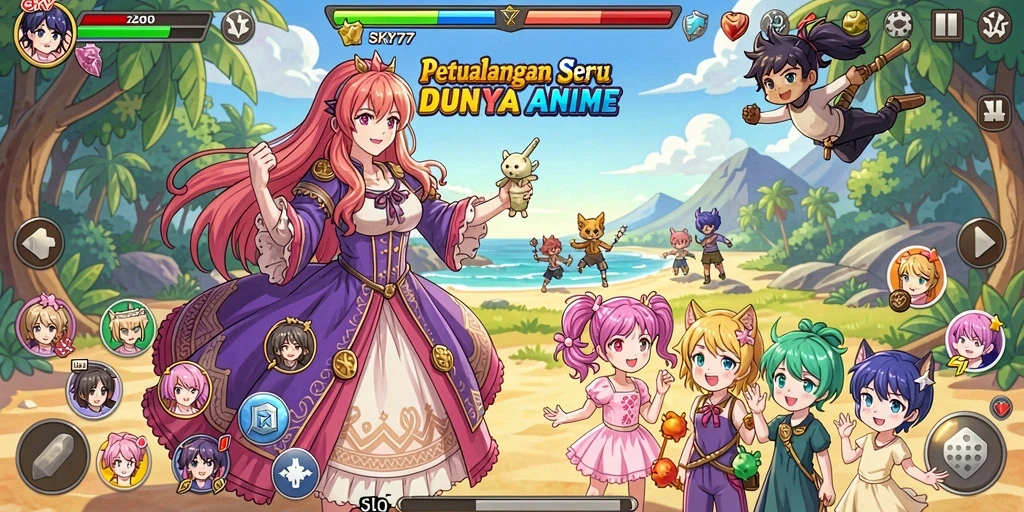 Screenshot utama SKY77 menampilkan aksi seru karakter anime.