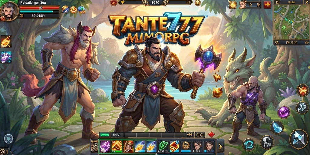 Screenshot TANTE777 menampilkan pertarungan epik dalam dunia MMORPG.