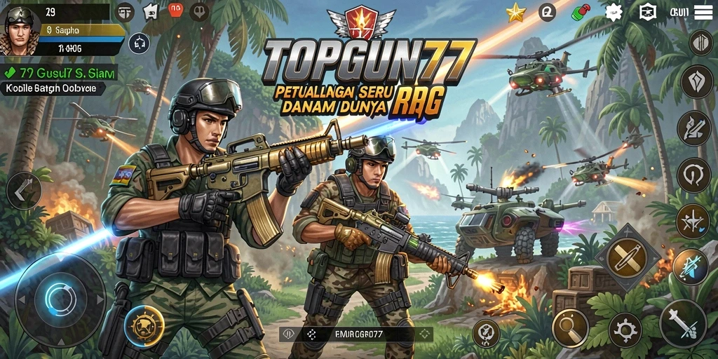 Screenshot gameplay TOPGUN77 yang menampilkan pertempuran epik dan eksplorasi.