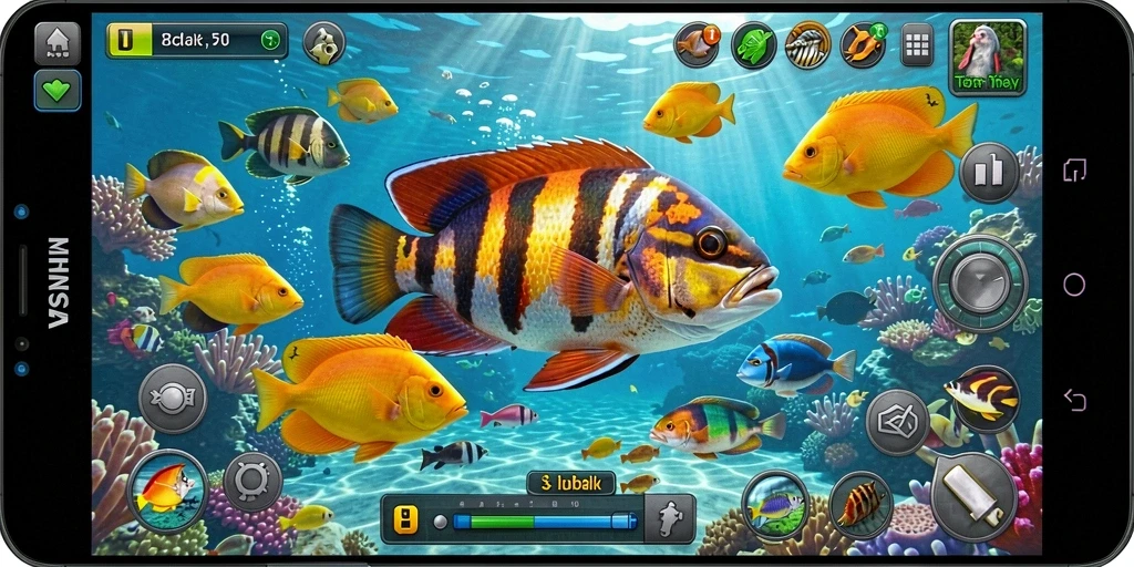 Tampilan gameplay seru yang menampilkan aksi menembak ikan.