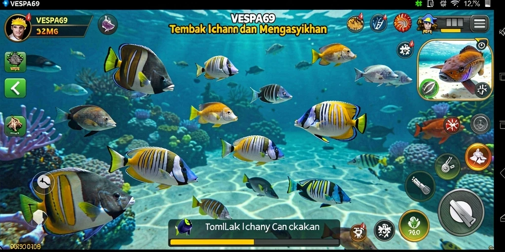Screenshot gameplay VESPA69 menampilkan aksi menembak ikan yang menarik.